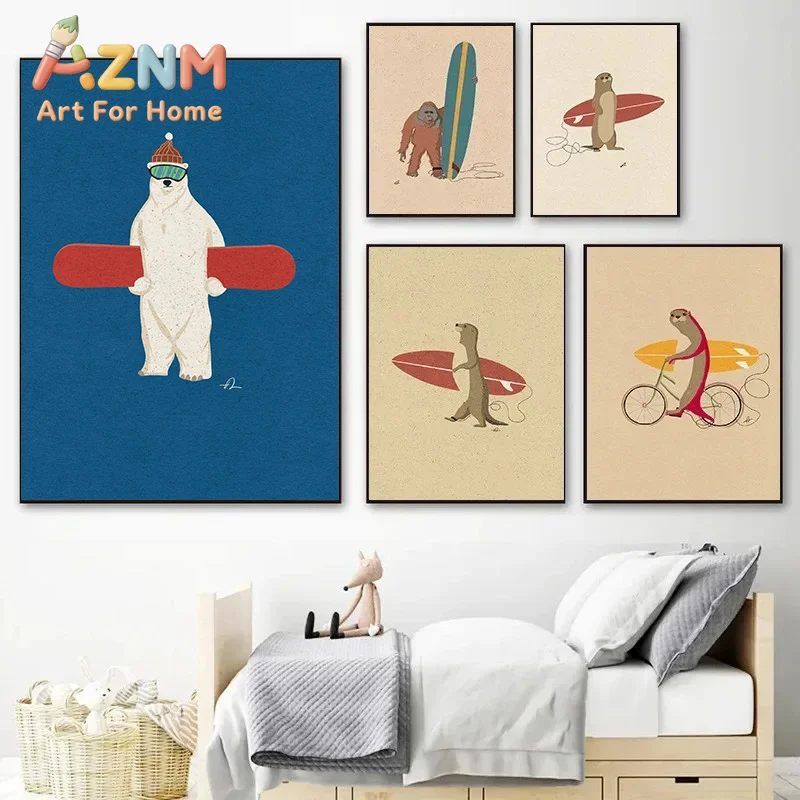 Modern Funny Surfing Animals Poster Canvas Painting Sloth Bear Panda Zebra Fox Wall Art Picture for Modern Child Room Home Decor