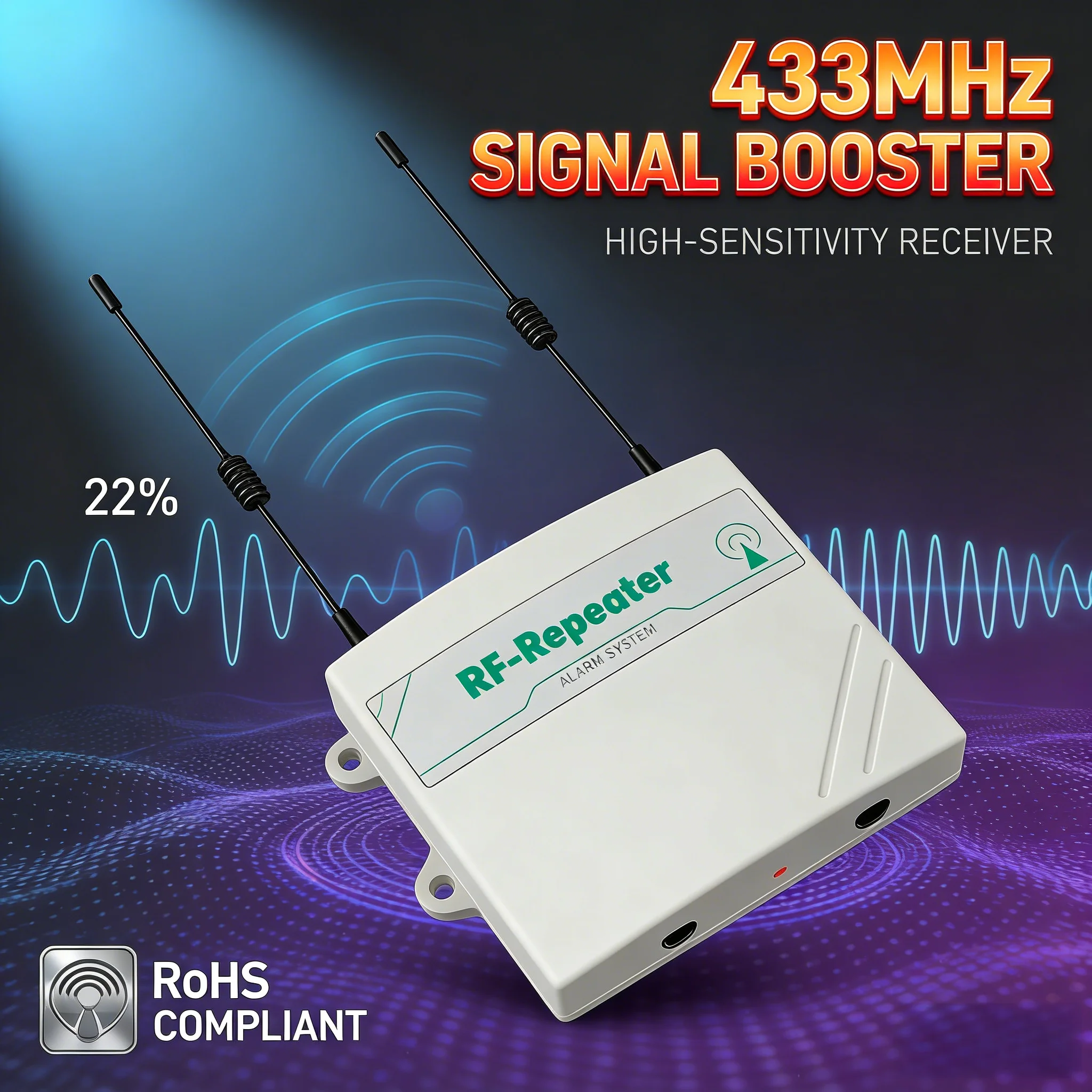 600m Long-Distance 433MHz RF Booster, 12V DC Repeater for PT2262/EV1527 Wireless Devices