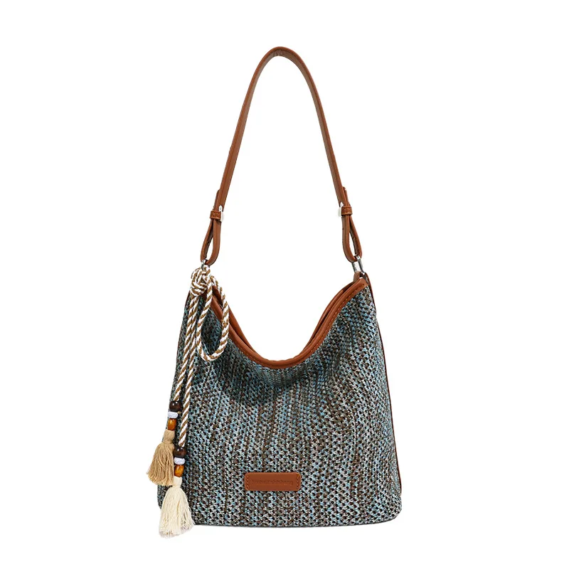 New Women's Woven Handbag Summer Popular Colorblock Shoulder Bag Casual Straw Bag Beach Holiday Handbag