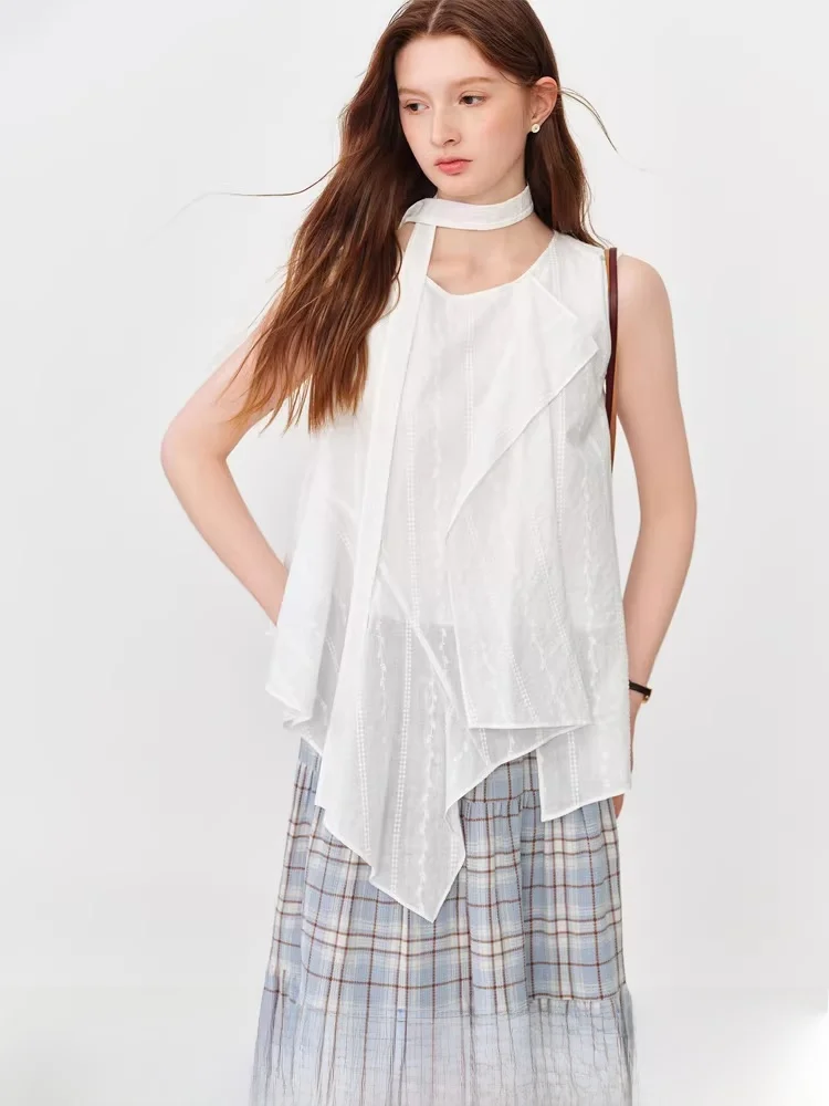 

Asymmetrical Design Sleeveless round Neck Draped Women's Top Summer New Style Casual Cotton Comfortable Fashionable Shirt