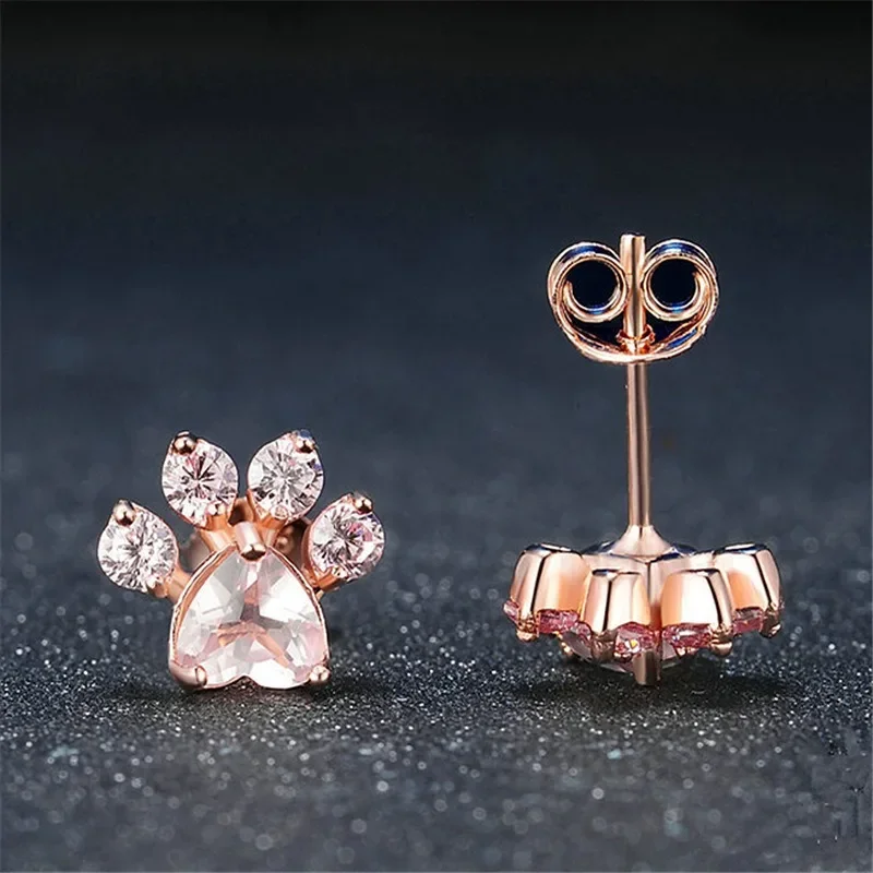 Серьги Женские Creative Footprint Pink Crystal Stud Earrings For Woman Wedding Jewelry Gift Cute Small Cat Claw Earrings