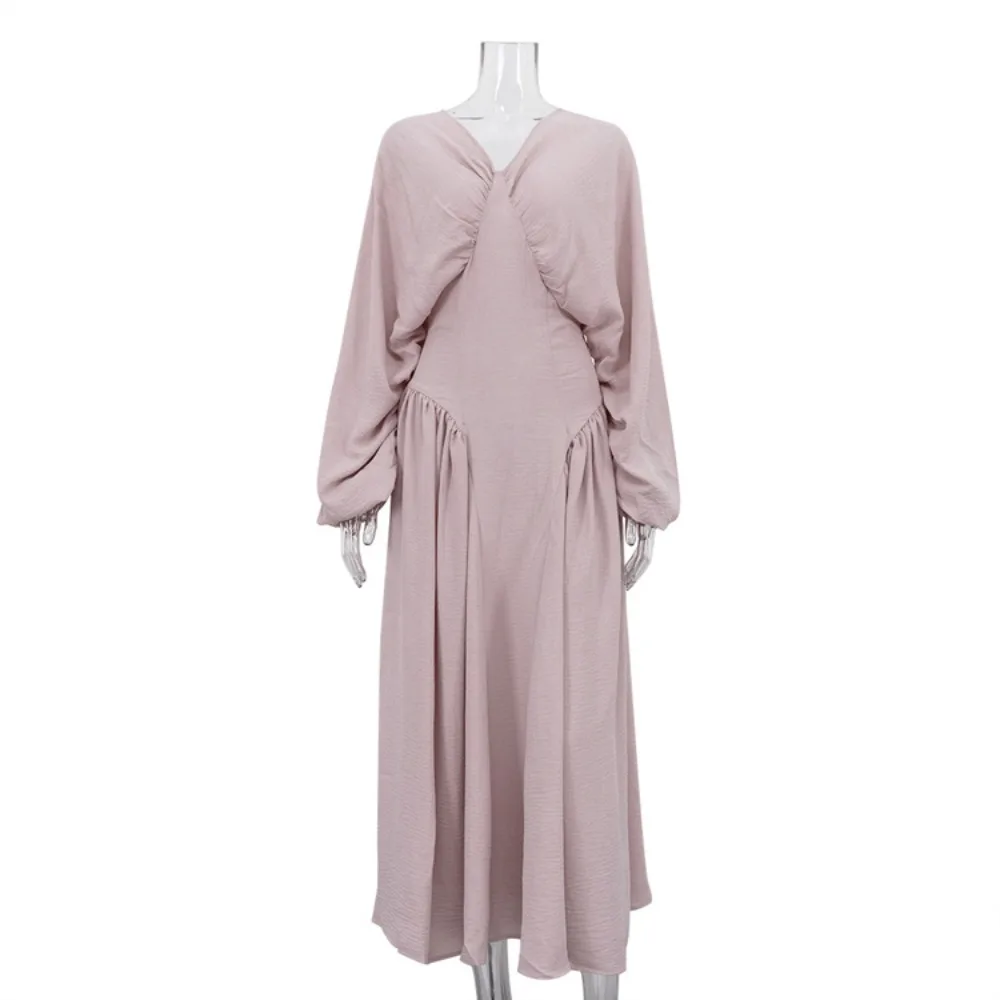 TWOTWINSTYLE French Pleated Design Dresses for Women V Neck Batwing Sleeve High Waist Gentle Long Dress Female New Fashion Style