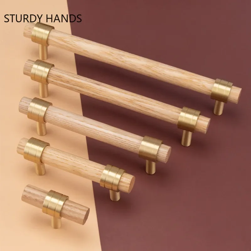 Chinese Walnut Handle Wardrobe Door Knob Desk Drawer Pulls Original Wood Long Strip Pure Copper Handles Kitchen Cabinet Knobs