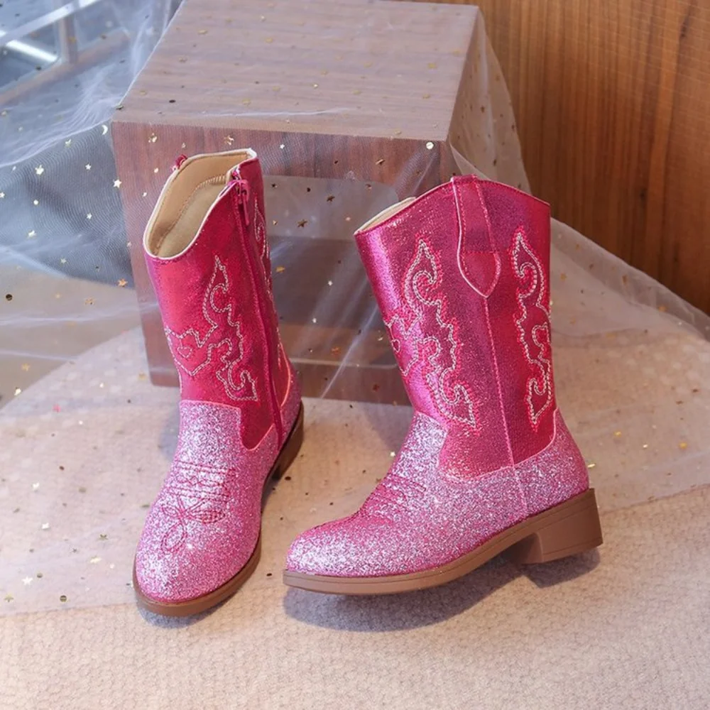 Kinder Mädchen Rosa Glitzer Western Cowboystiefel, Besticktes Design, Seitenreißverschluss, Rutschfeste Sohle für Verkleidungen & Freizeitkleidung EU-Größe – Detail 1