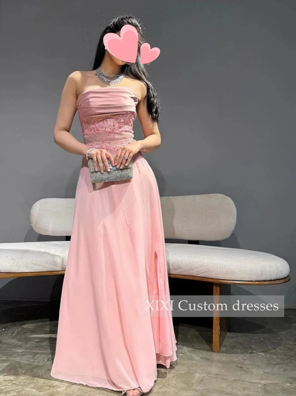 XIXI Customized Evening Dresses A-Line Strapless Beadings Prom Dresses Sleeveless Floor-Length Lining Zipper Up Women'S Evening