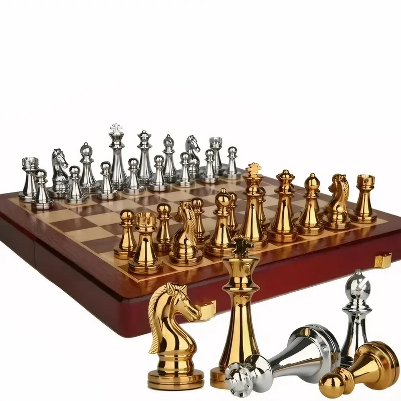 International Chess High-end Gift Box Metal Chess Pieces Wooden Chessboard Western Chess Vintage European Decorative Piece view 2