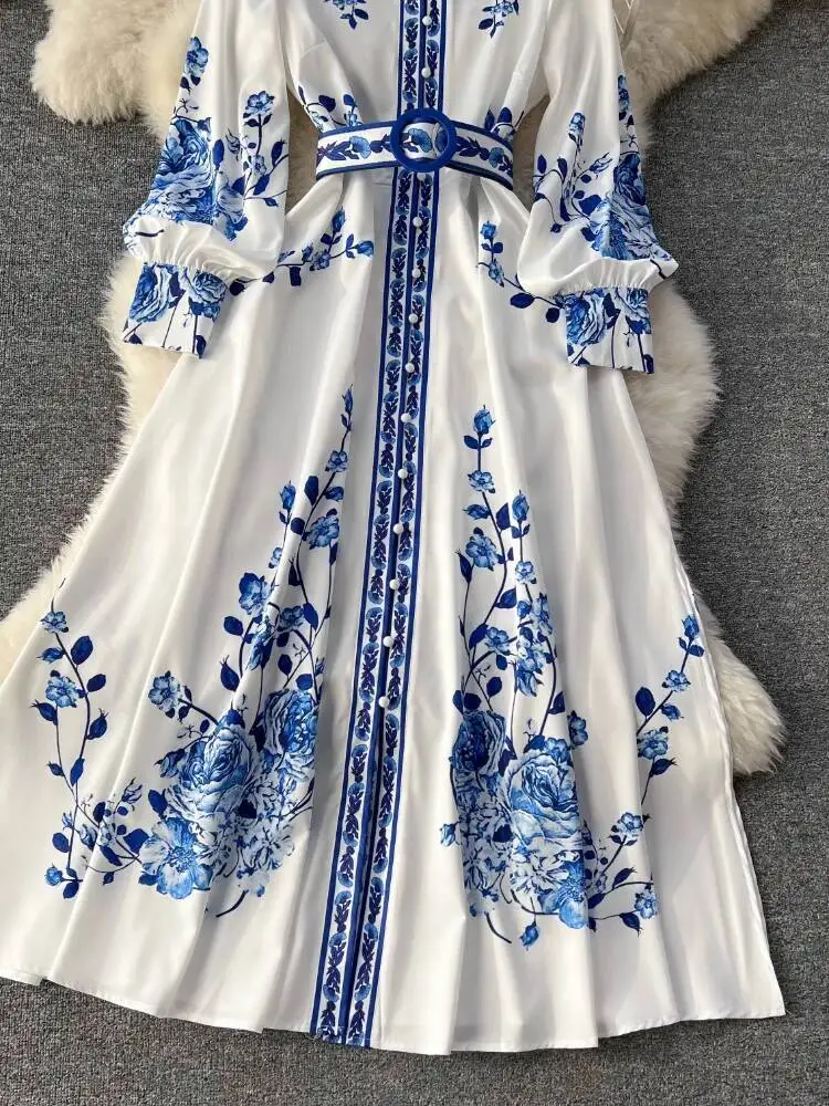 Vrouwen Elegant Blauw Gedrukt Lange Jurken Mode Lente Herfst Lange Mouw Jurk Dames Vintage A-lijn Feestjurk Vestidos
