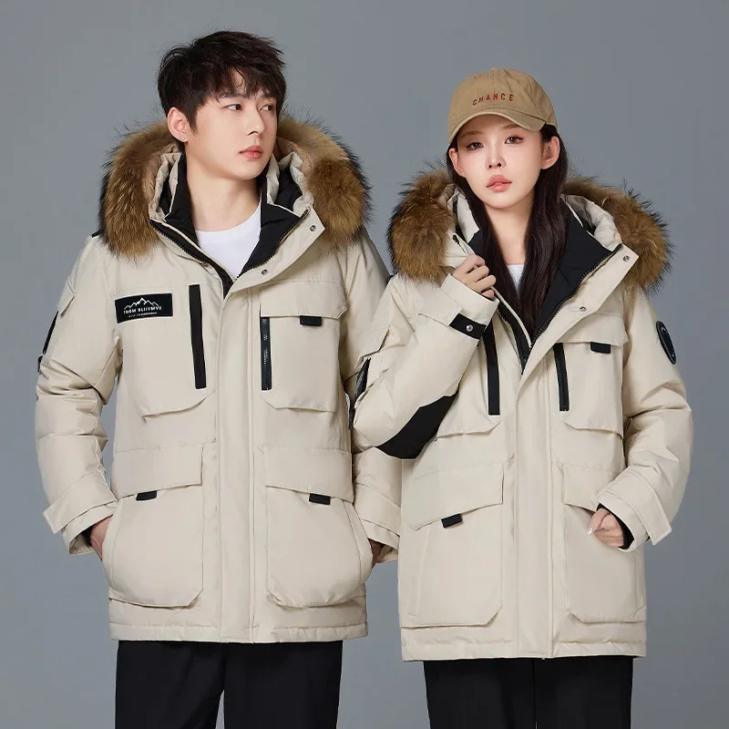 Mens Women Winter Couple Down Jackets Mens Multi Pocket Fur Collar Hooded Down Coats Outdoor Thicken Warm Windproof Ski Outwear