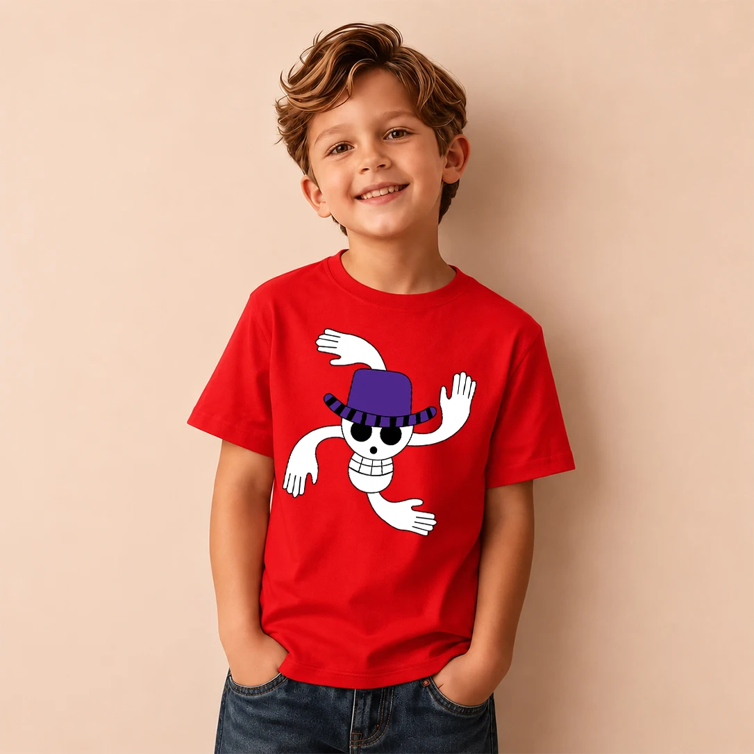 Kids T‑Shirt One Piece Nico Robin Multi‑Hands Pirate Skull Print Short Sleeve Casual Tops Boys Girls Anime Children Daily Tees