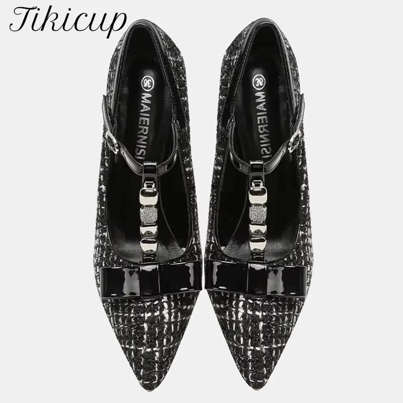 

Tikicup/Новые пикантные женские туфли-лодочки на высоком каблуке 12 см с милым бантом, черная жаккардовая ткань, туфли-лодочки на шпильке с острым носком, женская элегантная обувь с Т-образным ремешком