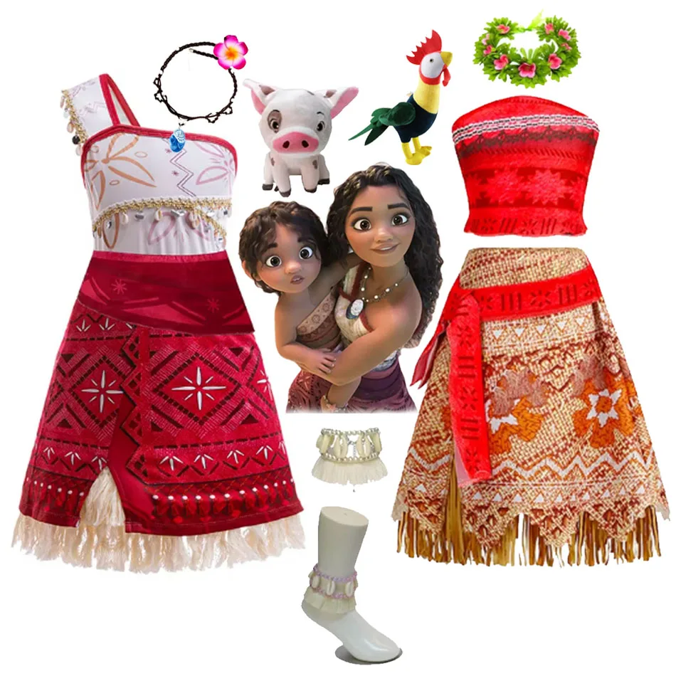 Disney Girls Movie Moana 2 Dress Halloween Party Adventure Costume Girl Princess Fancy Clothes Children Vaiana Pua Pig Outfit