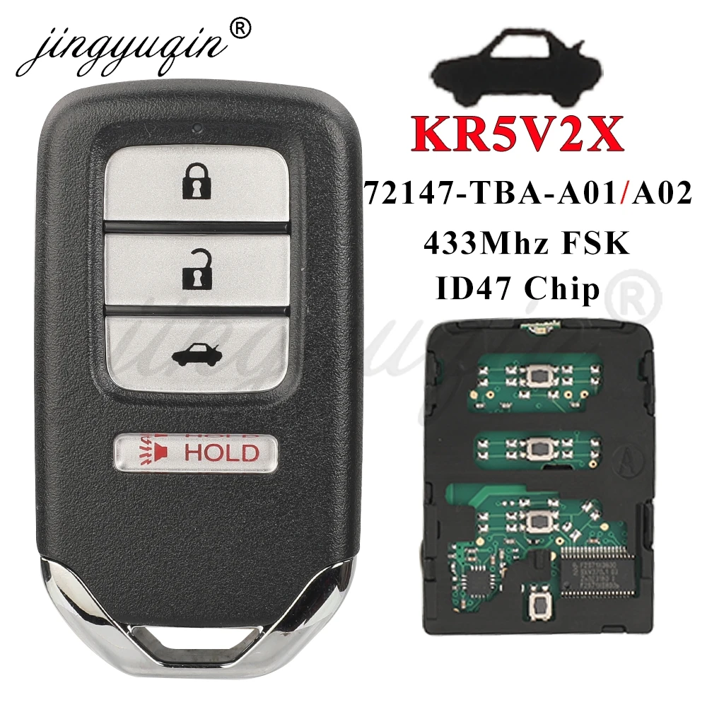 Jingyuqin zdalnie sterowanym samochodowym inteligentny klucz dla Honda Civic 2016-2020 433.92MHz FSK ID47 Chip KR5V2X Promixity Card