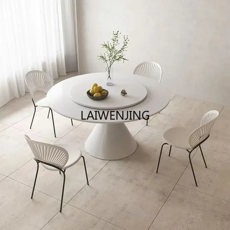 

MJY dining table Cream wind pure white with turntable round household rock slab round dining table