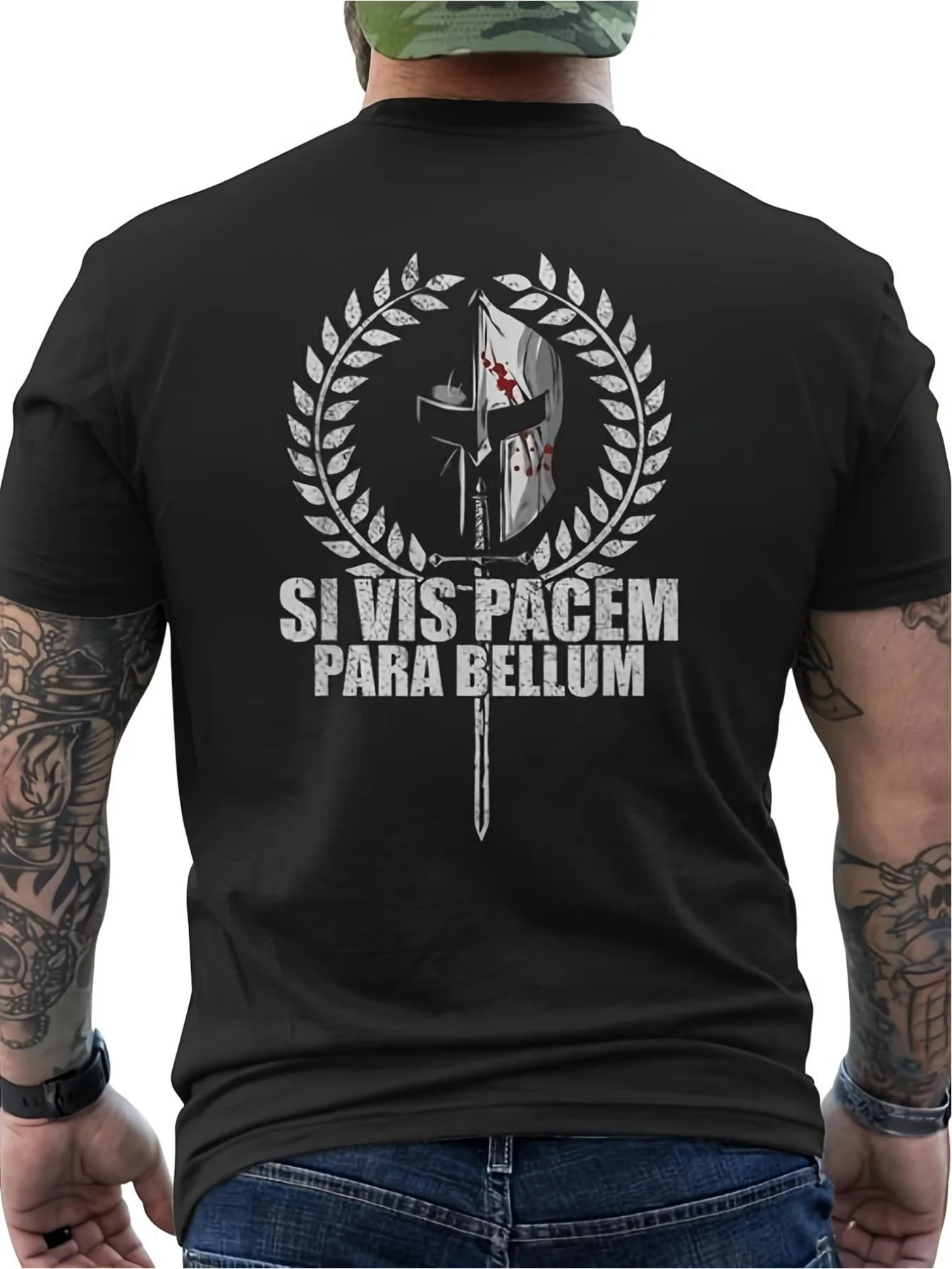 Men'S Funny Graphic T-Shirt Split Spartan Helmet and Sword Laurel Wreath Print Retro Tactical Style All-Season Loose Fit Tee