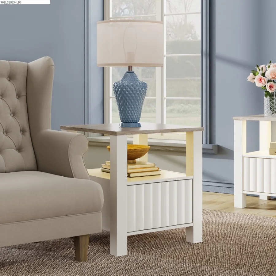 

Indoor Modern Storage Wood Rectangle End Table White Set of 2