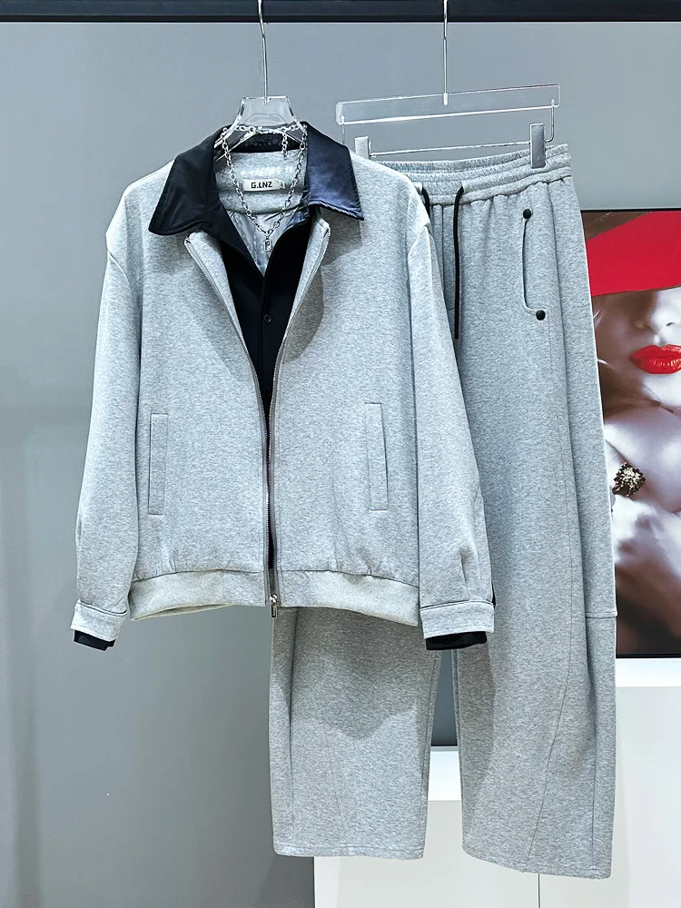 

Мужской повседневный комплект: худи и брюки свободного кроя, оригинальный дизайн, цветные блоки, воротник, длинный рукав, весенний модный образ из двух предметов