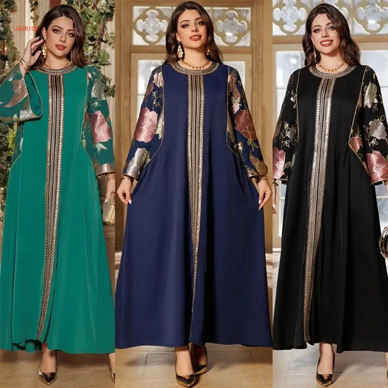 Women Casual Loose Long Sleeve Embroidery Muslims Maxi Dress Loose Abayas Kaftan Ramadans Robes Moroccan Gowns Jalabiya