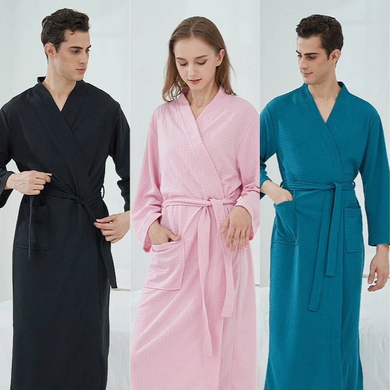 

Вафельный халат высокого качества, большой размер, длинные мужские и женские универсальные халаты для одежды, однотонные черные клетчатые ночные рубашки для пар