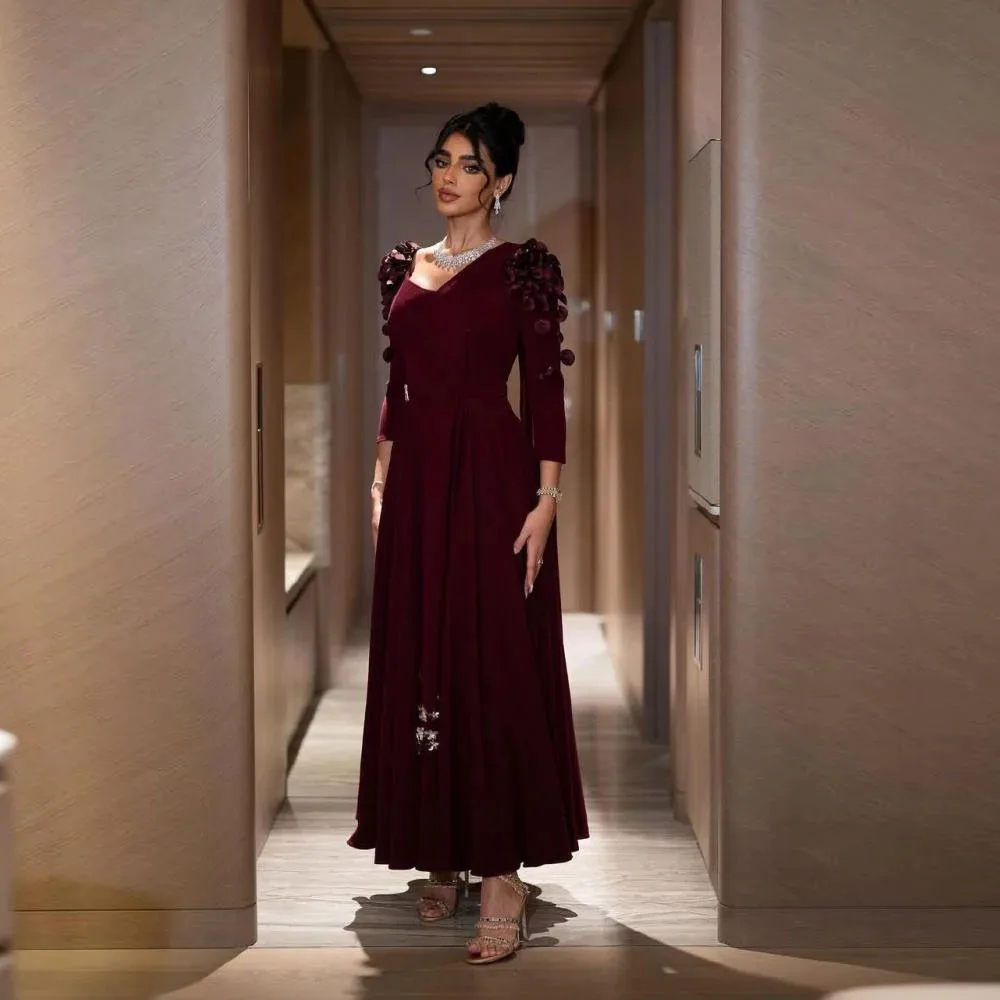 

Customized Burgundy Flower Prom Dresses V Neck Full Sleeve Formal Evening Party Gown A Line Satin Wedding Guest Outfits