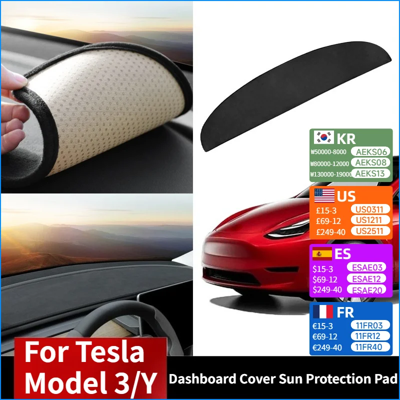 

Dashboard Cover Sun Protection Pad for Tesla Model Y 2017-2024 Model 3 2021-2025 Sunshade Non-slip Flannel Dashboard Pad Part