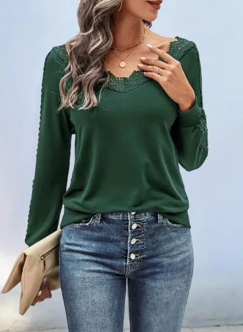 

Women's Elegant Lace Patchwork Top Temperament Commuting 2025 Autumn New Style Women Solid Fashion V-Neck Long Sleeve T-Shirt
