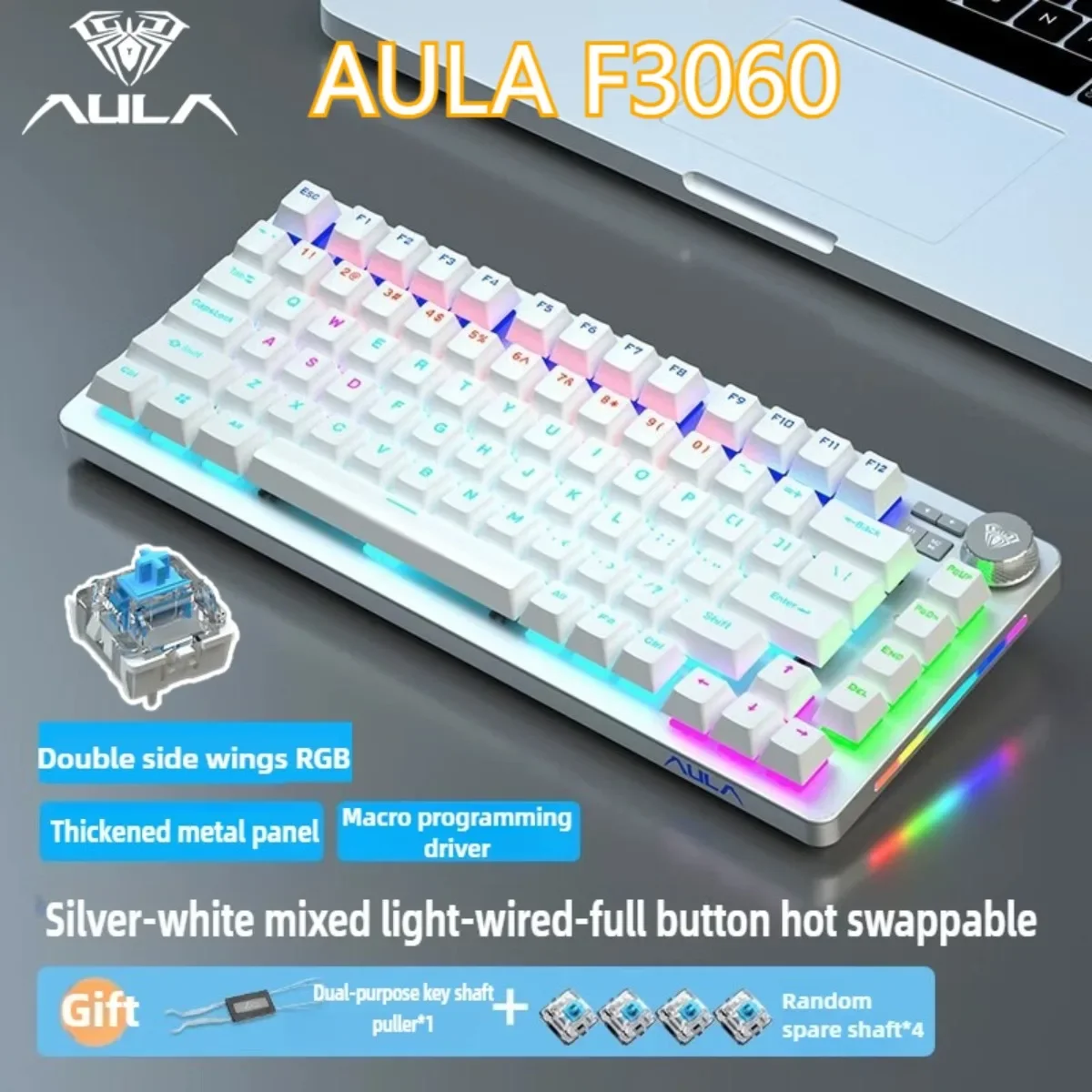 AULA F3060 Wired Keyboard Full Key Hot Swappable Aluminum Alloy Panel RGB Gaming Keyboard with Metal Knobs Game Accessories Gift