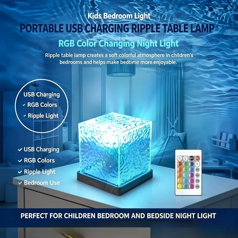 LED Cube Night Light USB Charging Bedside Ripple Atmosphere Home Party Festival Decoration Birthday Present Holiday Gift