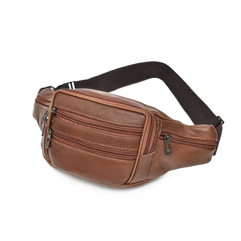 

Men's Genuine Leather Waist Bag Crossbody Pack Multi-Layered Cowhide Mobile Phone Storage Durable