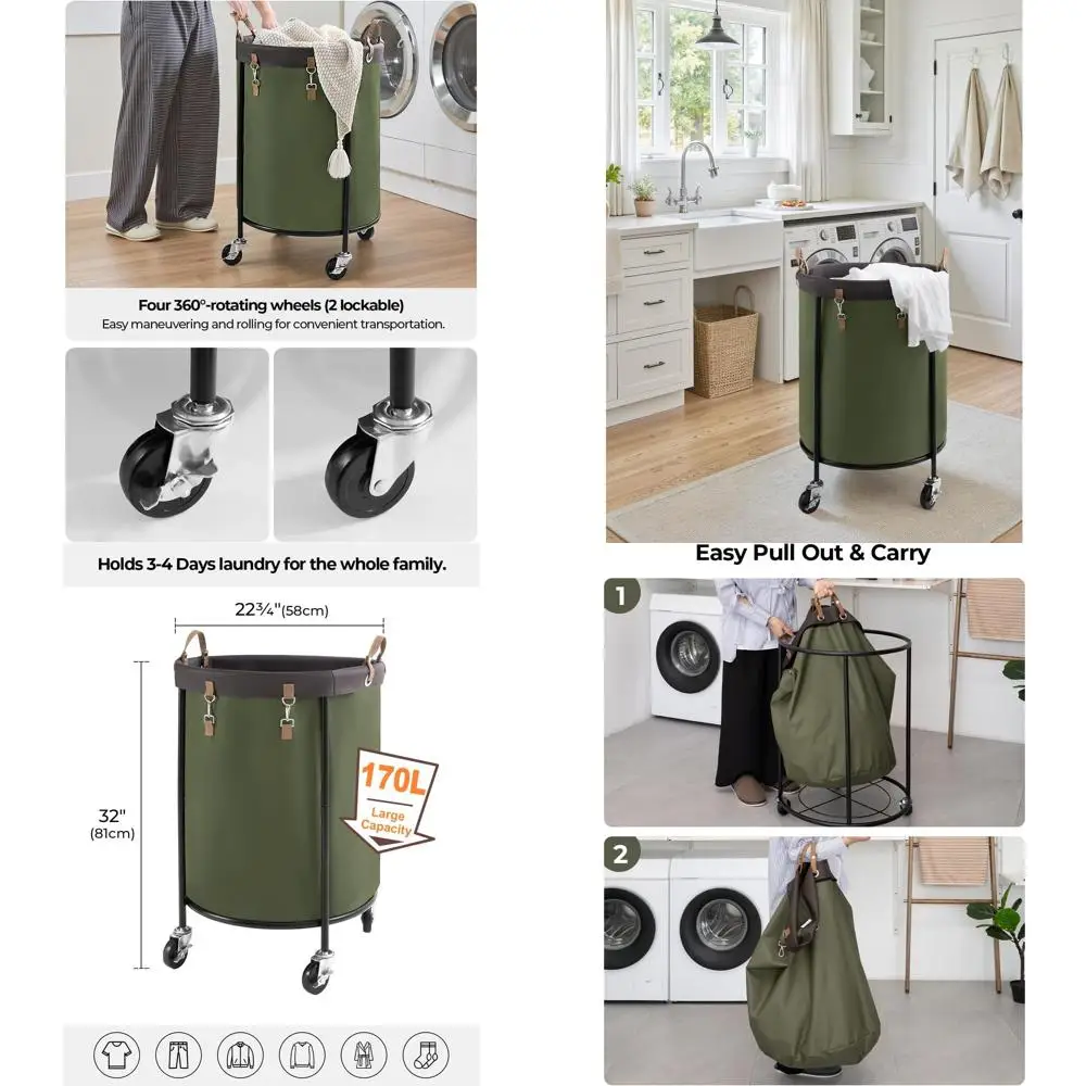 

Green 170L Rolling Clothes Hamper with Steel Frame, Removable Bag, 4 Wheels, and 2 Brakes