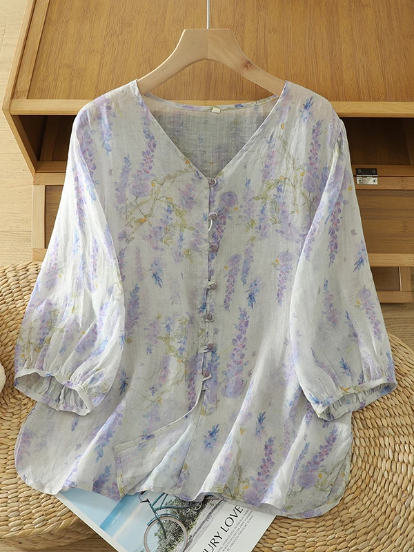 

Summer Floral Print Loose Casual ort Sve V-Ne Women's irt Gentle Wind Sle Lantern Sve Top Faion Sensation