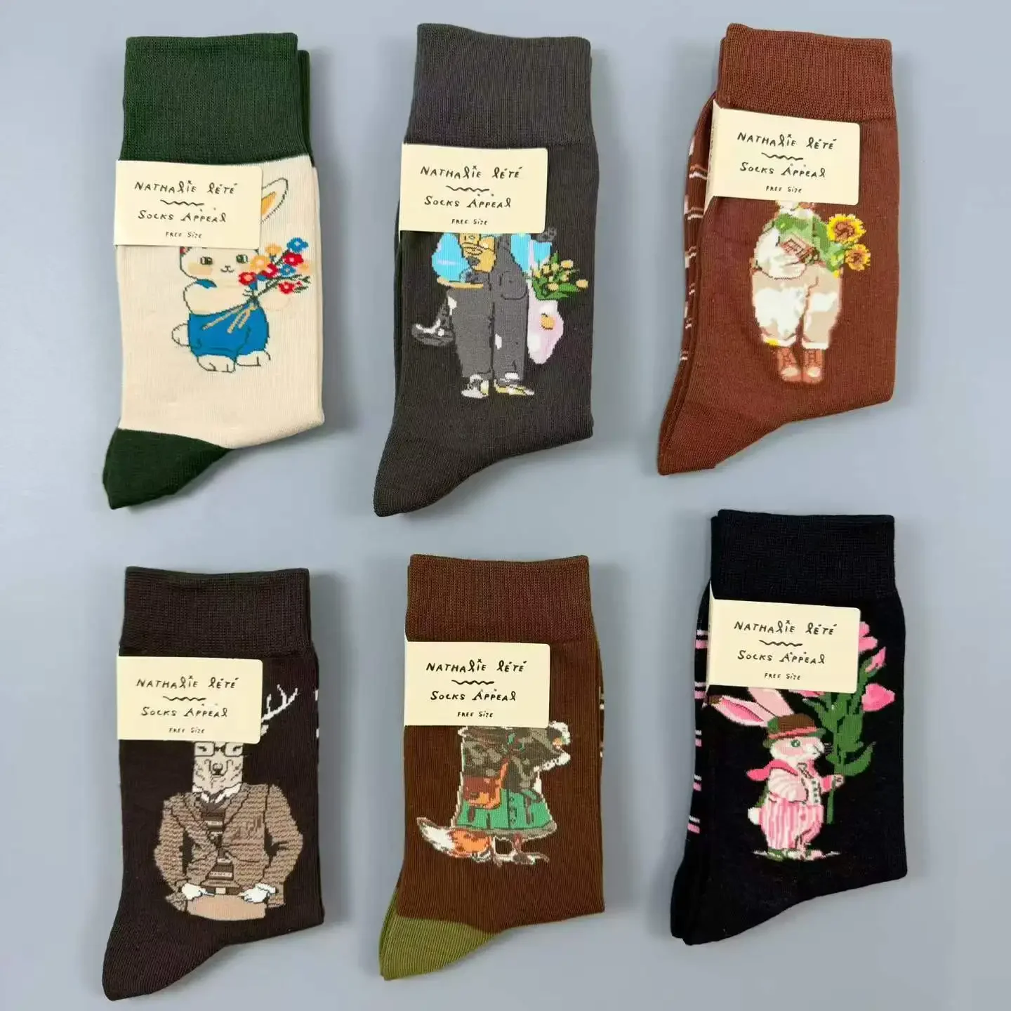 Socks Appeal 2 Pairs Women Mid Calf Socks Vintage Cute Animal Plaid Cotton Socks Harajuku Kawaii Floral Comfy Hosiery