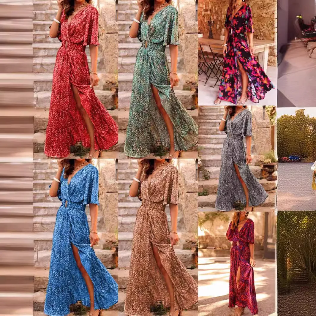 New Spring Summer Printed Dress Short-sleeved Deep V-neck Slimming Waist Mid-length Skirt Temperament Full Slit Dress