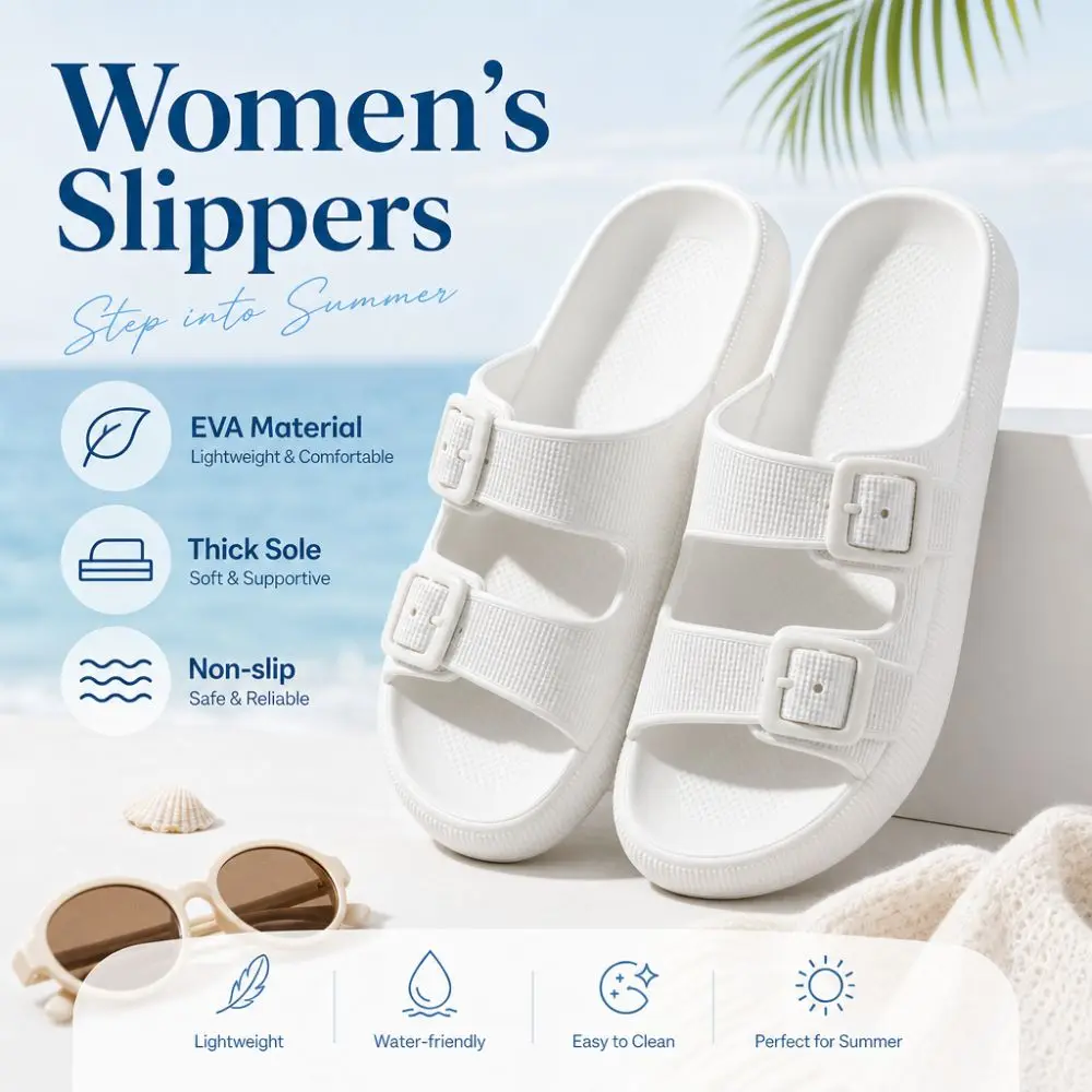 Simple EVA Women's Slippers Thick Sole Non-slip Beach Slides Lightweight with Adjustable Buckle Summer Sandals Indoor Outdoor