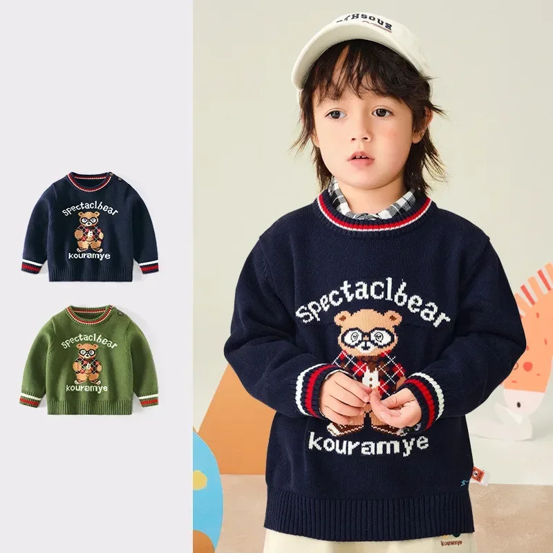 

2024 Boys' Sweater Korean-Style Bear College Crewneck Pullover Autumn Cartoon Warm Class a Cotton Sweater Children Wear Costume