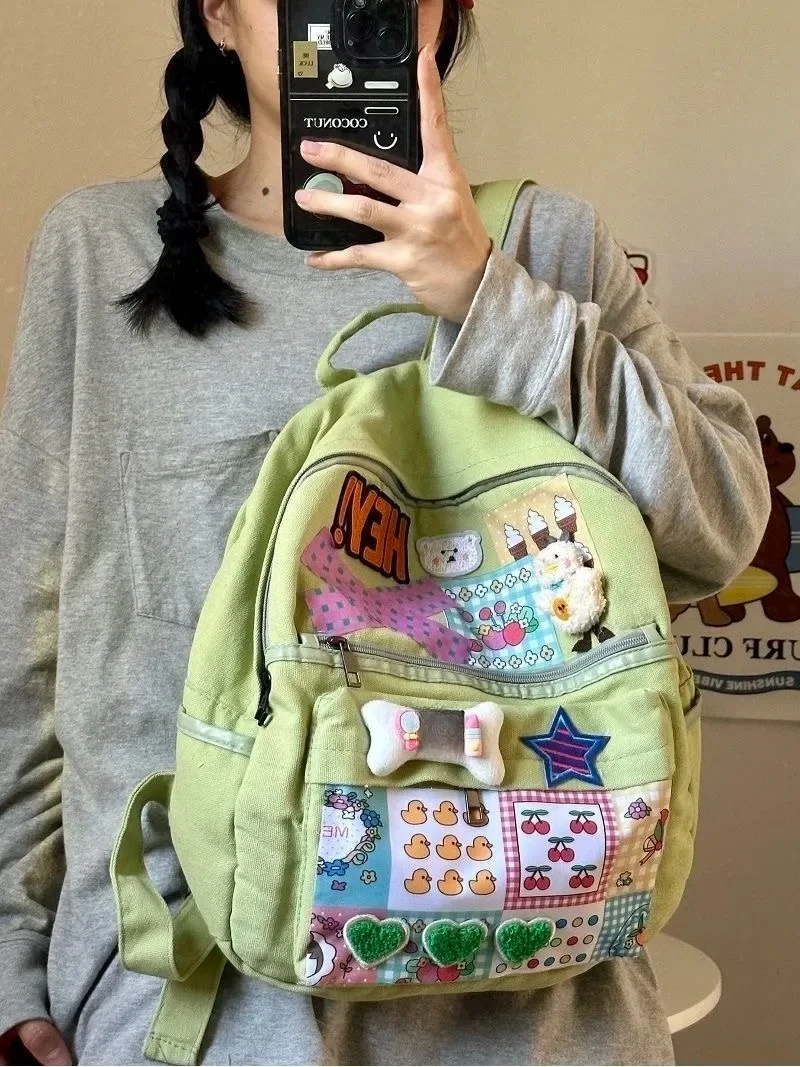

Patch Cute Girl Japanese Canvas Backpack Junior High School Students Niche Design Backpacks Campus All-match Bags