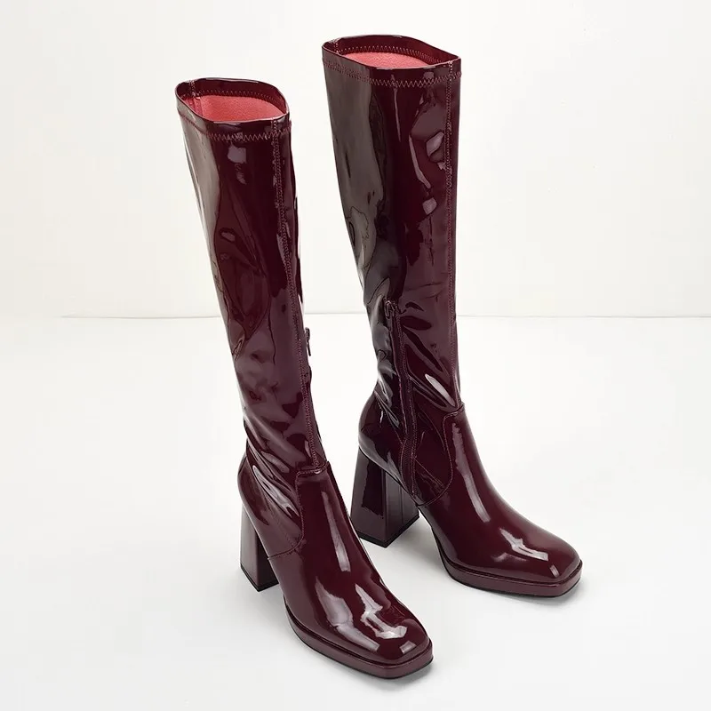 New Fashionable Height Increase, Thick Heels, High Heels, Sexy, Knee High, Square Head, Wine Red Boots for Women