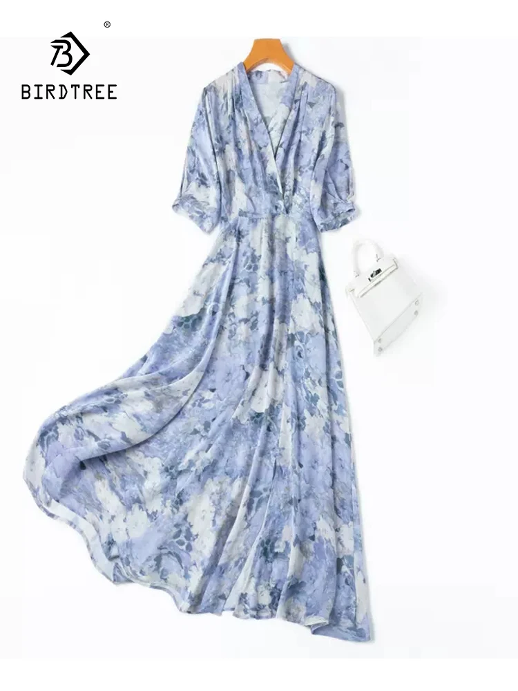 BirdTree, 100%Real Silk Elegant Dresses, Women Lantern Sleeve O Neck Printed, Literature French OL Dress, 2024 Summer D45815QC