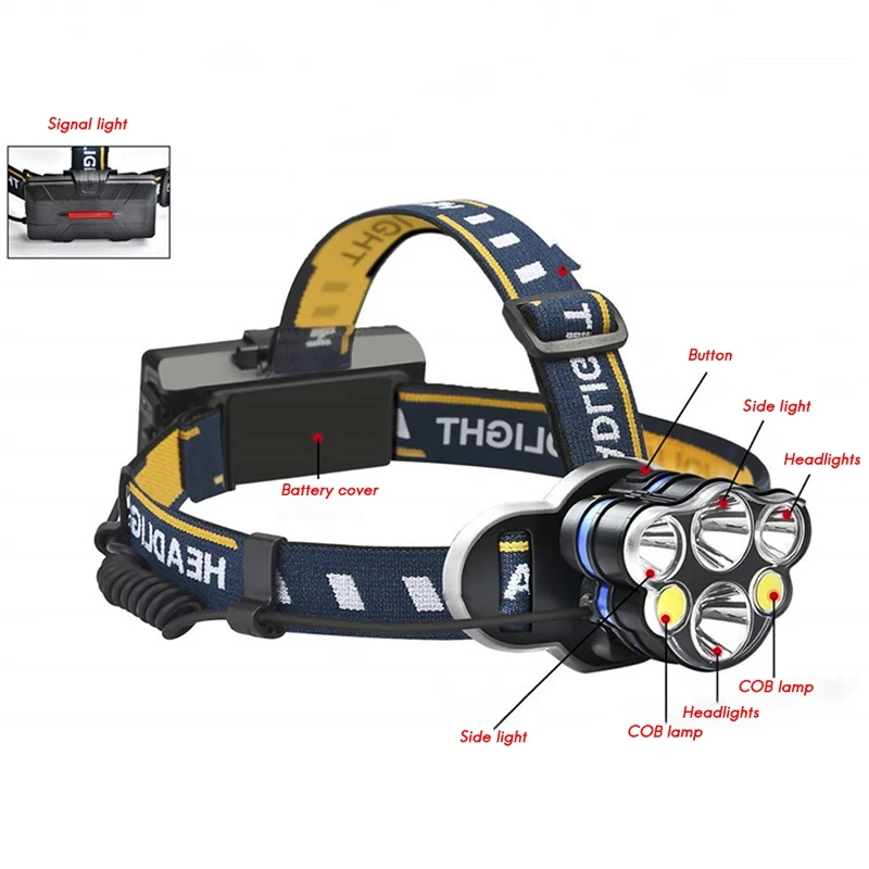 مصباح أمامي قابل لإعادة الشحن ، مصباح بحث 7LED عالي الطاقة ، مقاوم للماء IPX5 ، مناسب للركض ، صيد الأسماك ، في الهواء الطلق ، و mAh ، 10W