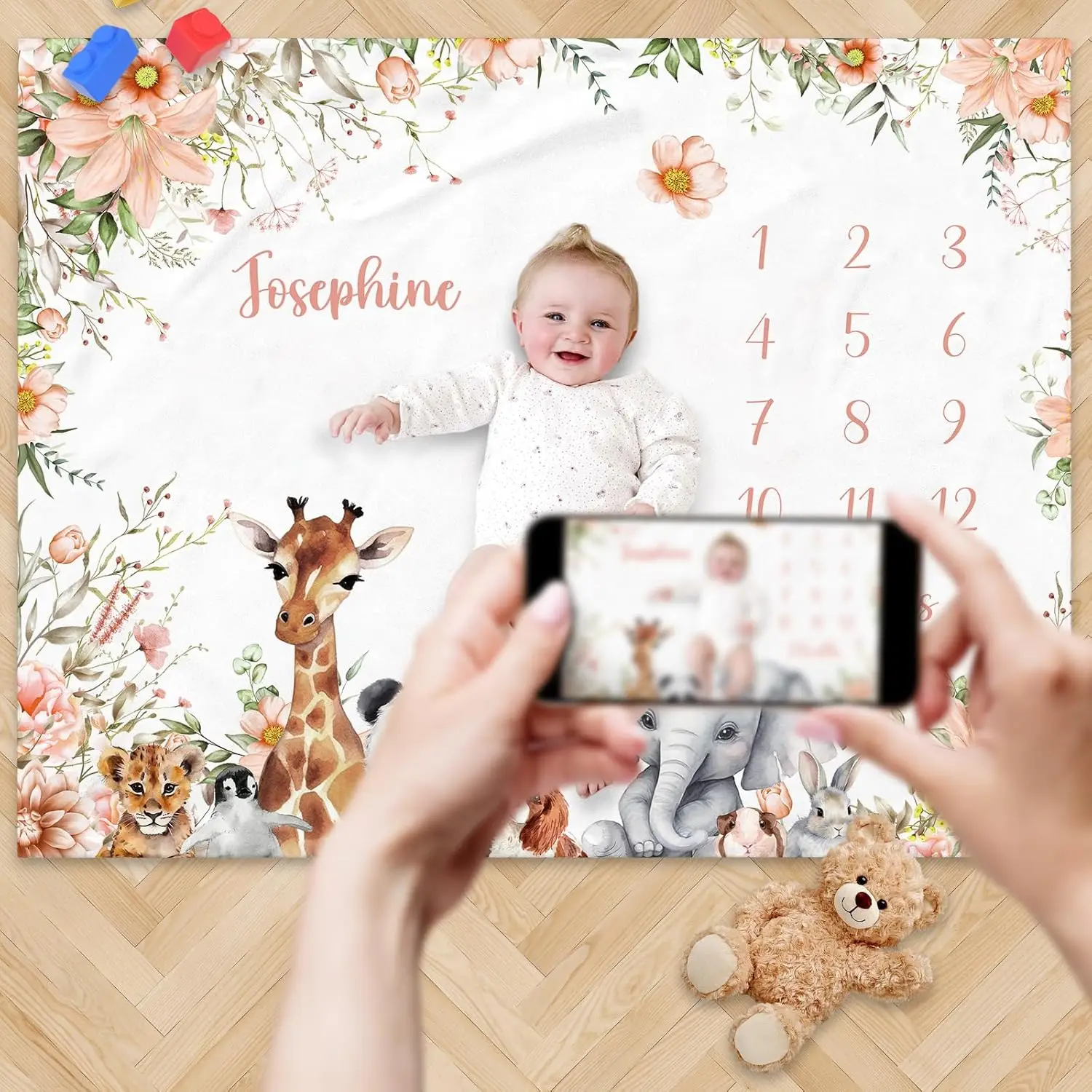 VIKAMA Baby 100-Day Milestone Photo Prop Blanket, Cartoon Animal Print, Newborn Growth Chart Calendar, Monthly Milestone Blanket