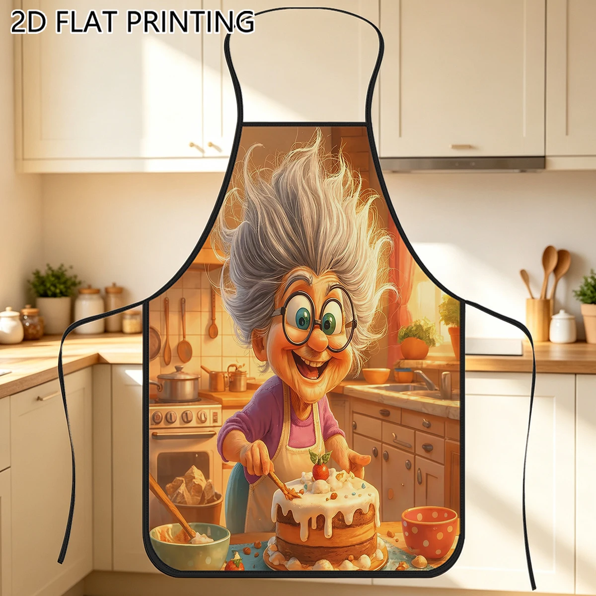 1pc Cartoon Grandma Baking Cake Pattern Apron For Baker Home Cooking Kitchen