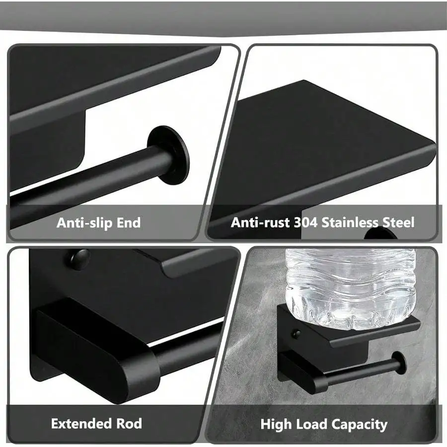 Toilet Paper Holder Stainless Steel Paper Roll Holder with Shelf Drilling Tissue Paper Holder Wall Mount (Black)