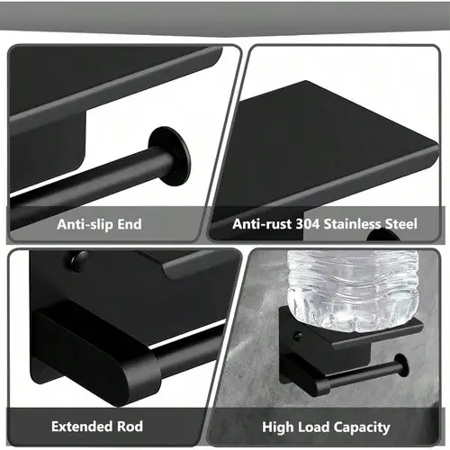 Imagen 2 del producto Soporte de papel higiénico, portarrollos de papel de acero inoxidable con estante, soporte de papel tisú para perforación, soporte de pared (negro)