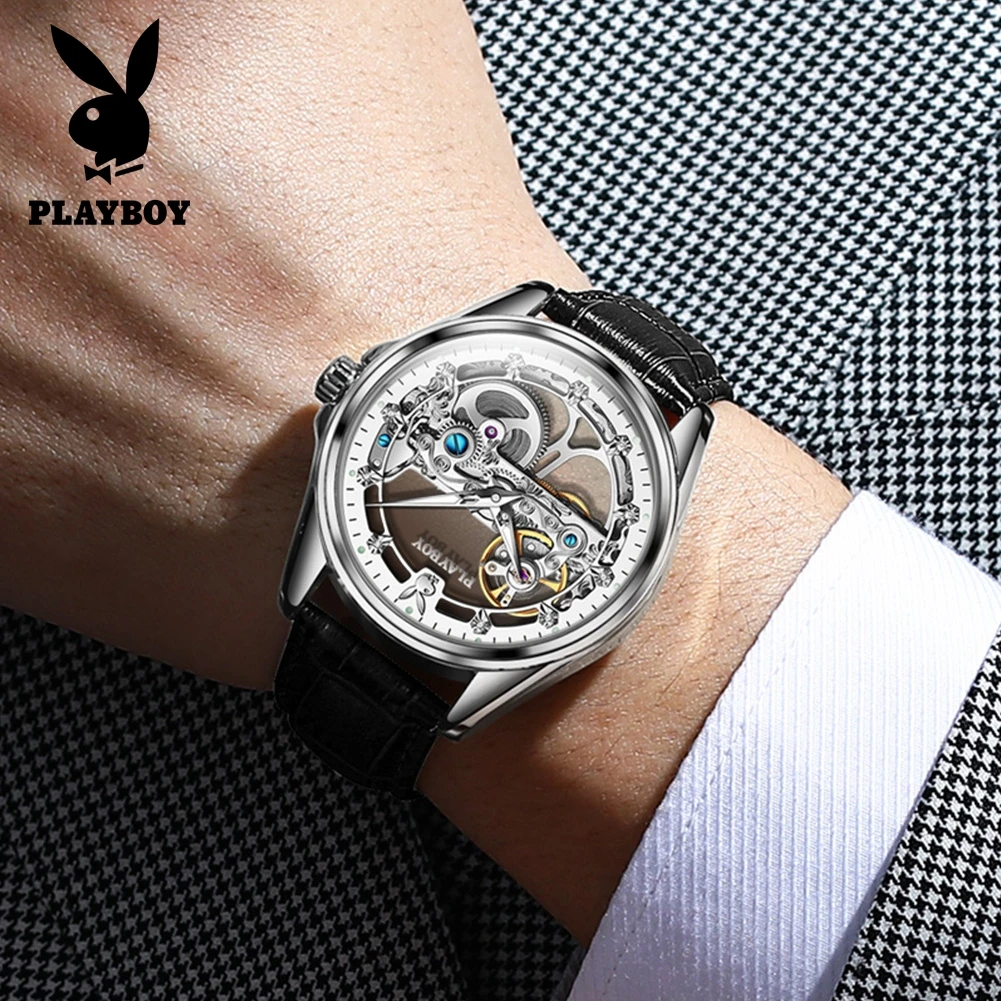 PLAYBOY New Fashion Watch for Men Original Skeleton Leather Strap Automatic Mechanical Man Watch Classic Luxury Wrist Watch Men