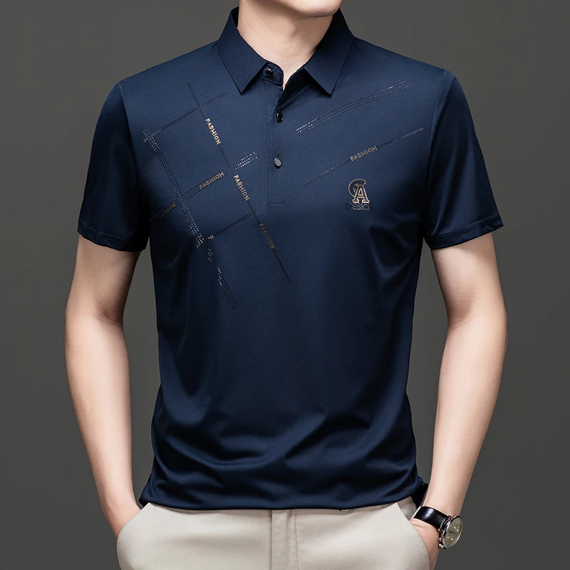 Fashionable embossed design polo shirt short sleeved men\'s summer new high-end ice silk comfortable casual light luxury T-shirt