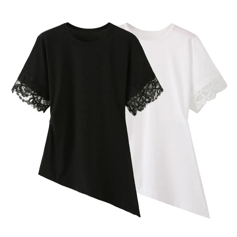 CHARMCHANT Women's Crew Neck Lace Cuff Short Sleeve T Shirt Asymmetric Hem Loose Side Pocket Casual Basic Tee Summer 2026