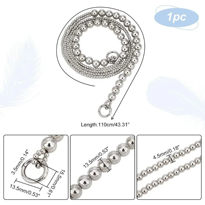 43 Inch Pearl Bag Chain, Silver Pearl Purse Strap 14mm 5mm Beaded Bag Strap Acrylic Pearl Bead Handle Replacement Chain Long