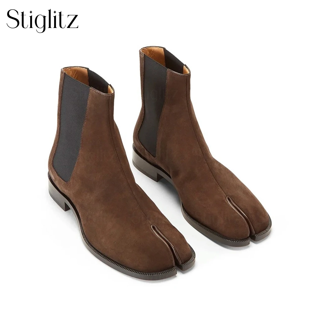 Suede Tabi Ankle Boots Novelty Split Toe Chelsea Boots Designer Style Fashion Men's Winter Booties White Stitching Stretch Boots