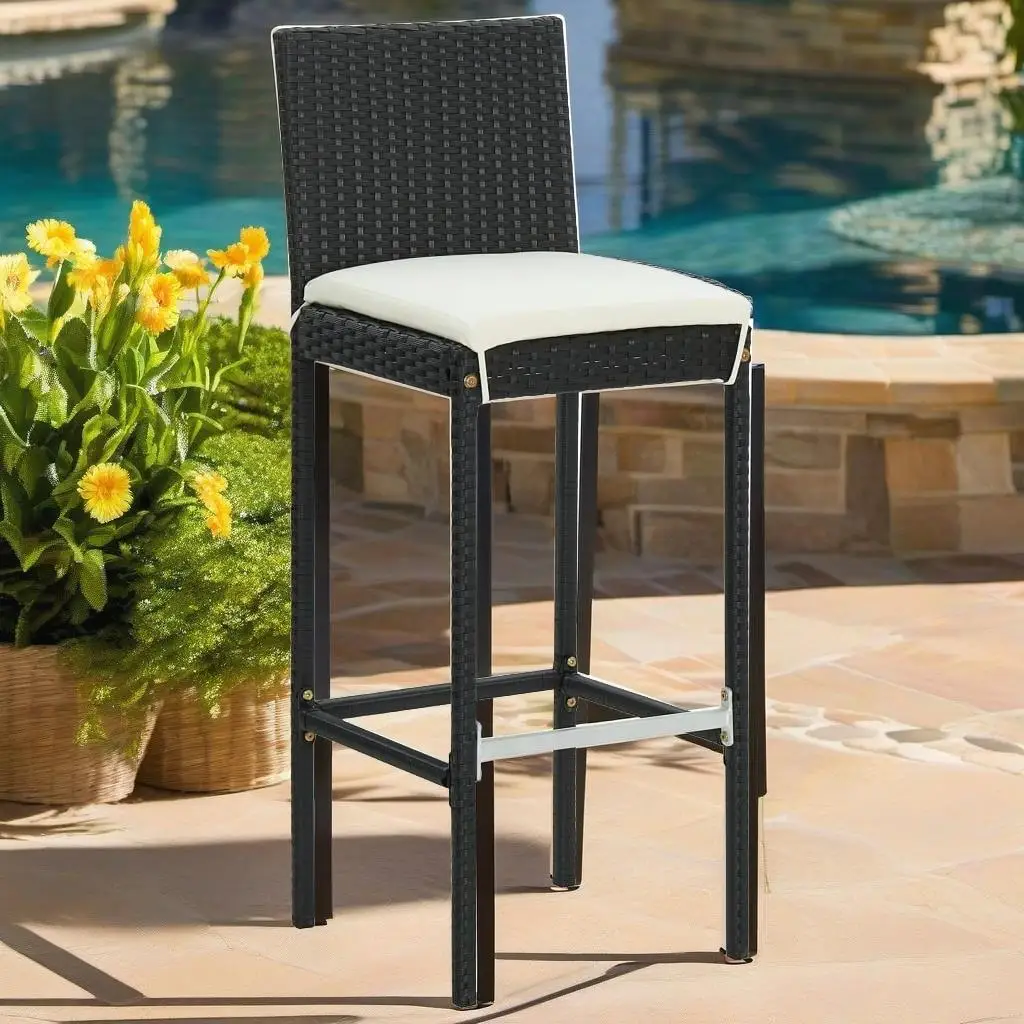 3-Piece Black Poly Rattan Patio Bar Set with Cushions - Outdoor Furniture