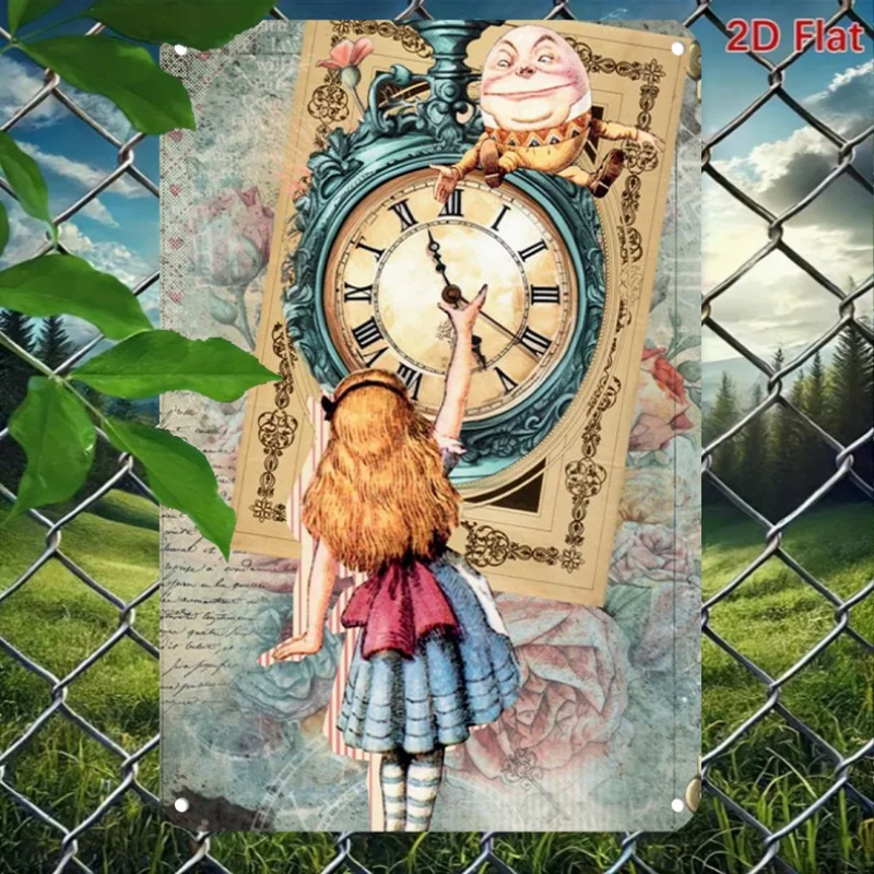 Letrero Metálico Vintage con Diseño de Alicia Estirándose hacia un Reloj con Humpty Dumpty, Placas Decorativas Temáticas para Cafeterías