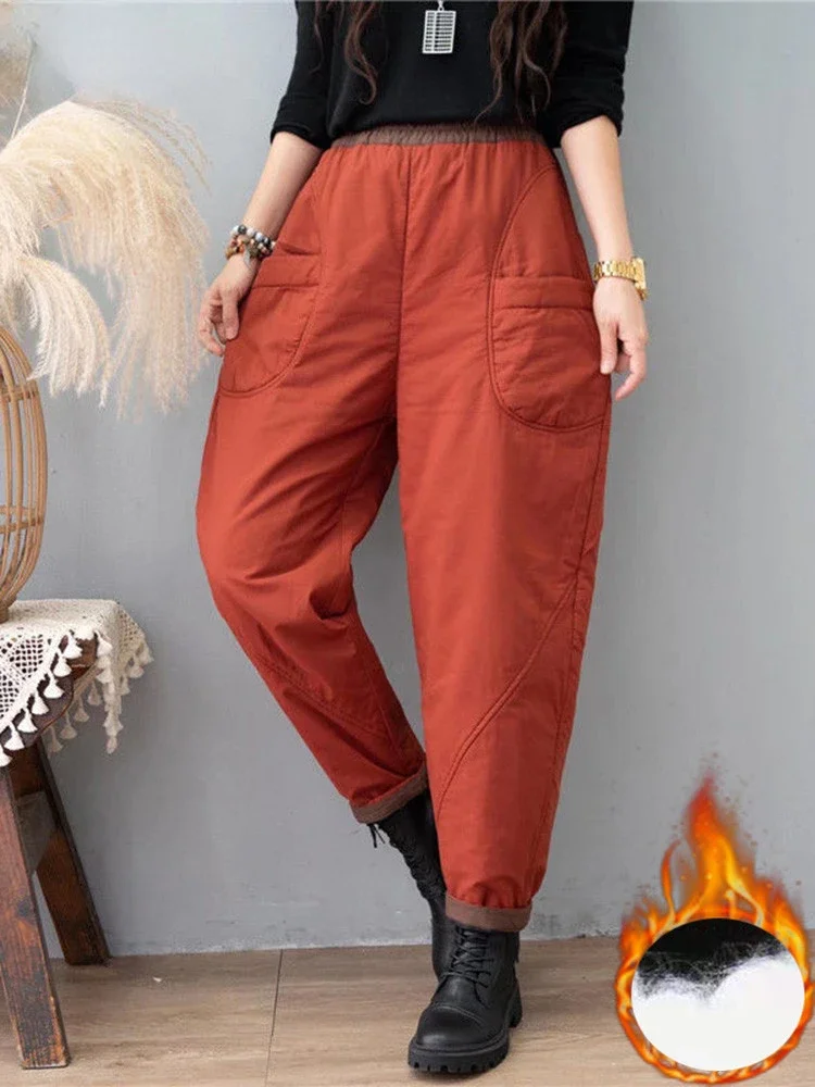 Winter Baggy Down Cotton Harem Pants Warm Ankle-length Fluffy Casual Pantalones Thick Elastic High Waist Women Oversize Trousers